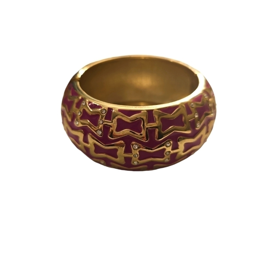 Enamel Bracelet - Raspberry Gold Block Formation Bangle Bracelet - Vintage